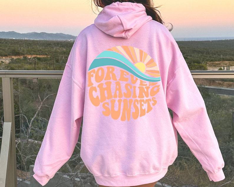 Fleece-lined Sunset Print Kangaroo Pocket Drawstring Hoodie GlamzLife