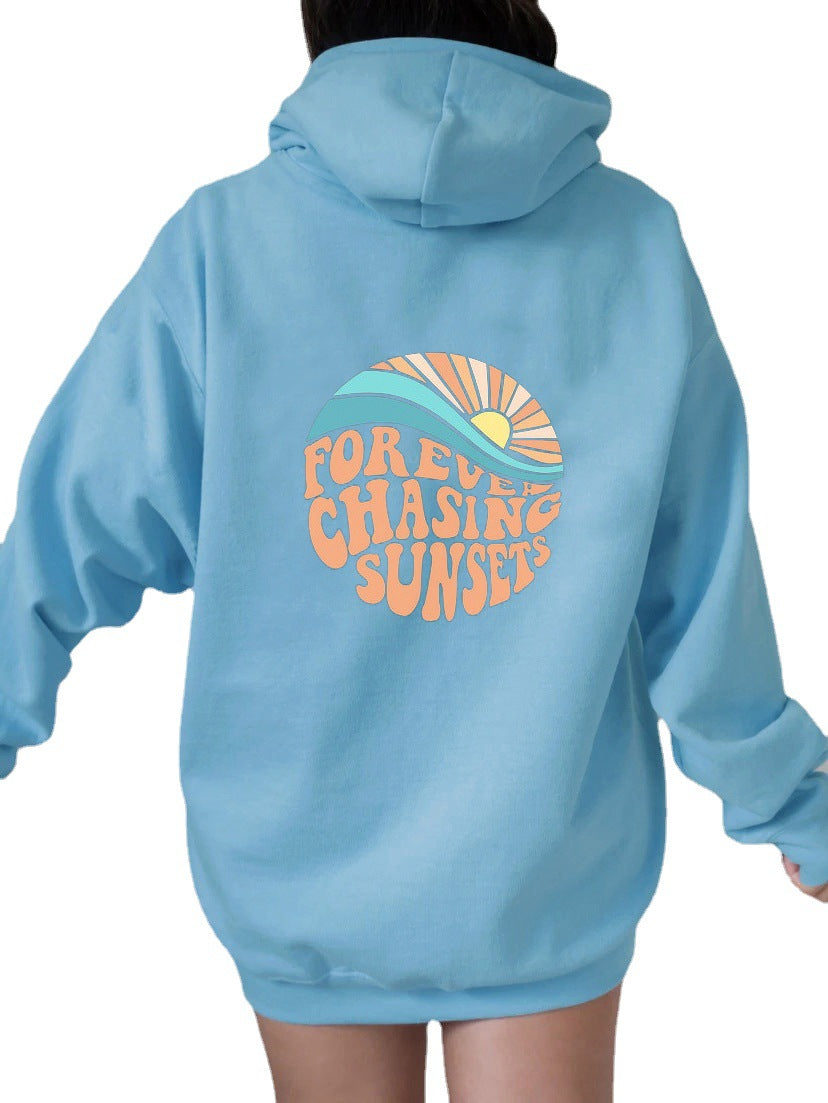 Fleece-lined Sunset Print Kangaroo Pocket Drawstring Hoodie GlamzLife