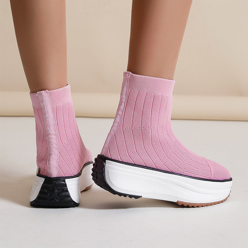 Women's Thick-soled Boots Knitted Round Toe Socks Shoes Casual Breathable Solid Color Flying Knit Ankle Boots GlamzLife