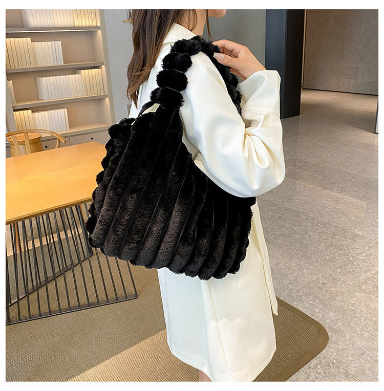 Striped Design Plush Bag Winter Fashion Shoulder Armpit Bags Large Capacity Furry Handbags Portable Cute Shopping Tote Bag GlamzLife