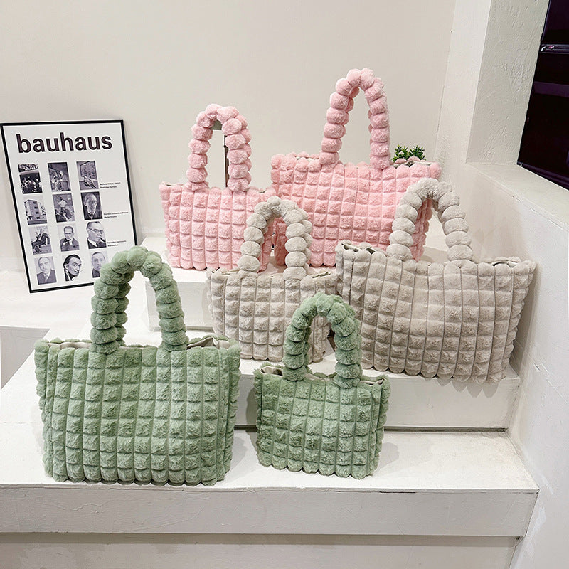 Plaid Handbags Winter Fashion High Capacity Shopping Plush Bag Korean Style Personalized Designer Luxury Tote Bags For Women GlamzLife