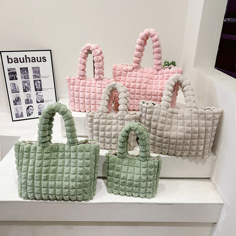 Plaid Handbags Winter Fashion High Capacity Shopping Plush Bag Korean Style Personalized Designer Luxury Tote Bags For Women | GlamzLife