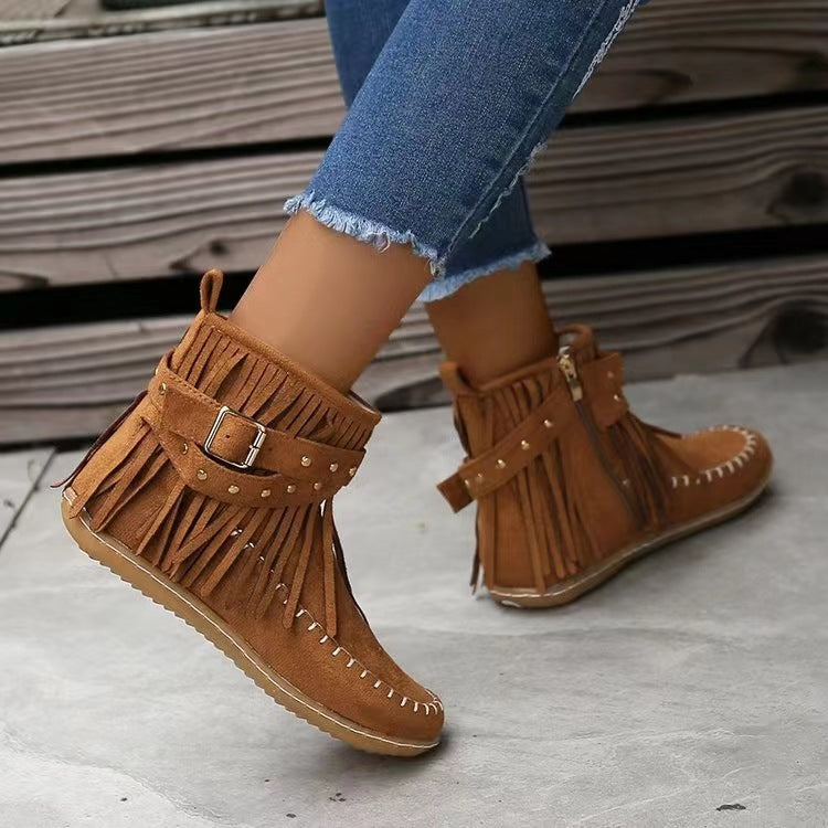 Retro Ankle Boots With Rivet Tassel Flat Shoes Women Winter Boots GlamzLife
