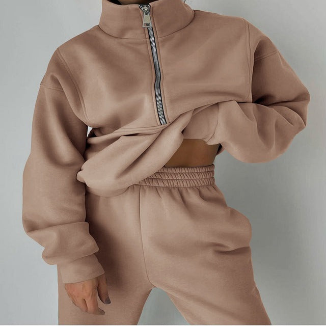Stand Collar Suit Zip Up Crop Sportswear Long Sleeve Sweatshirt And Trousers For Spring Fall Women's Clothing GlamzLife