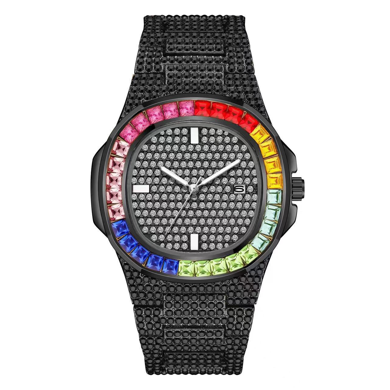 Full Diamond Inlaid Color Diamond Steel Belt Square Belt Calendar Quartz Wrist Watch GlamzLife