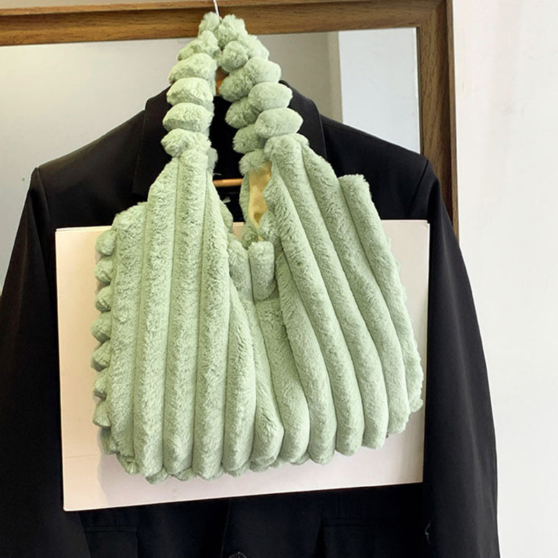 Striped Design Plush Bag Winter Fashion Shoulder Armpit Bags Large Capacity Furry Handbags Portable Cute Shopping Tote Bag | GlamzLife