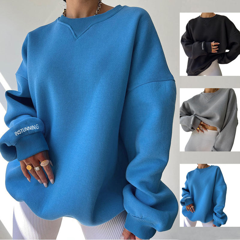 Loose Sweater Women's Casual Round Neck Pullover Tops Solid Color Sports Sweatshirt GlamzLife