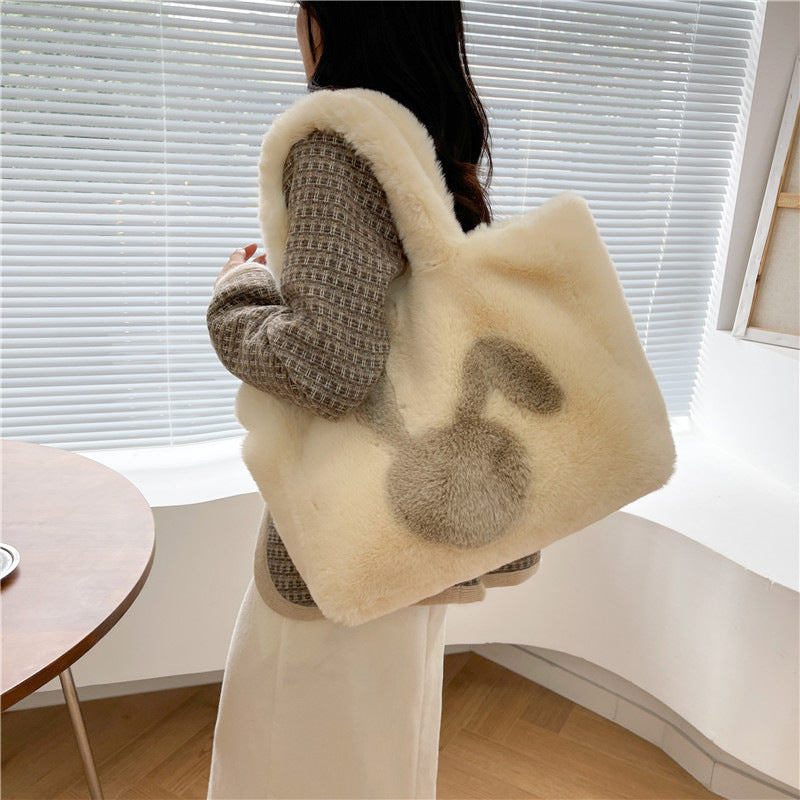 Cute Cartoon Rabbit Ears Plush Bag Autumn And Winter Shoulder Bag Shopping Handbags Large Capacity Personalized Tote Bags For Women GlamzLife