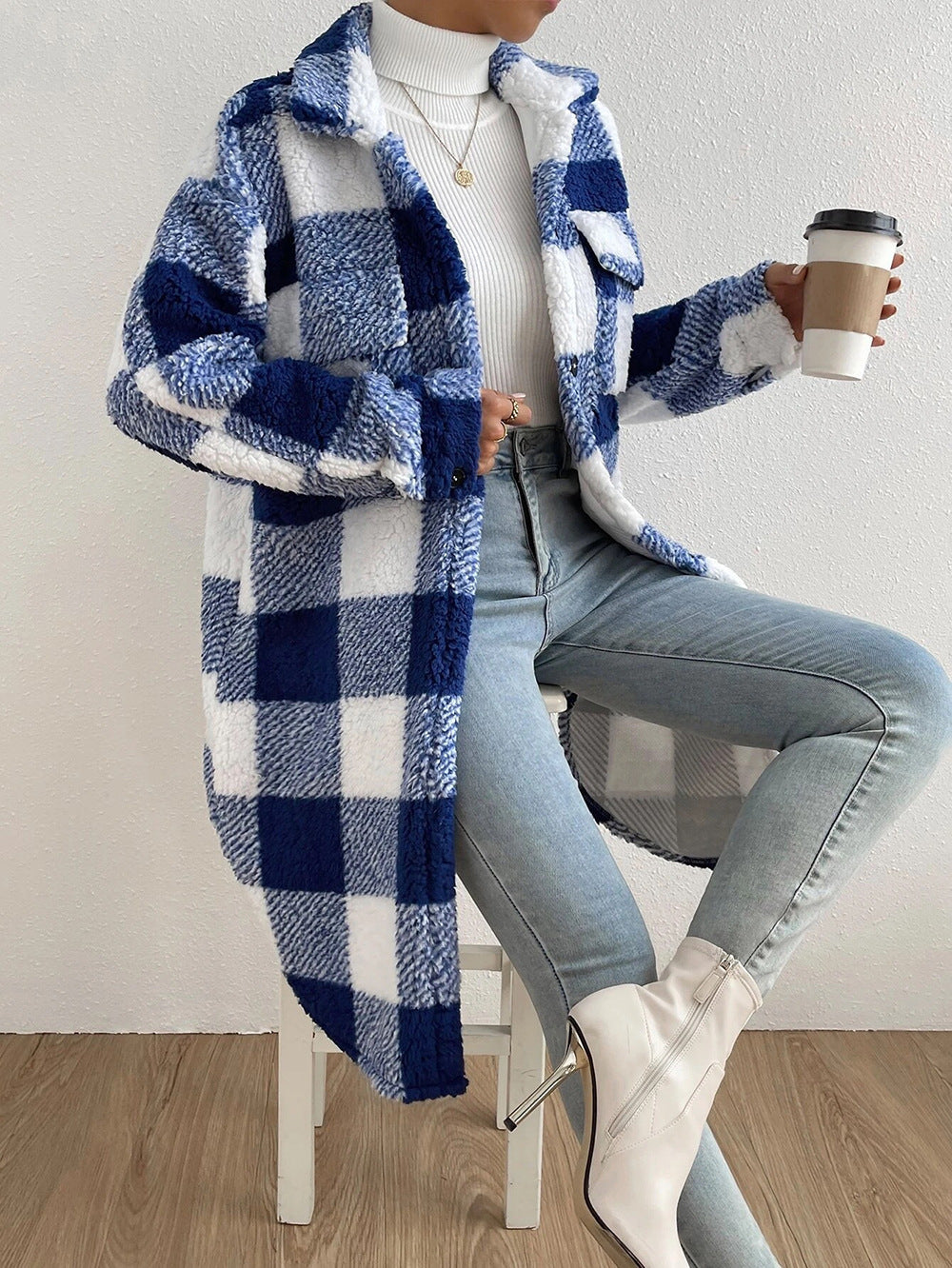 Button Lapel Plush Plaid Coat Loose GlamzLife