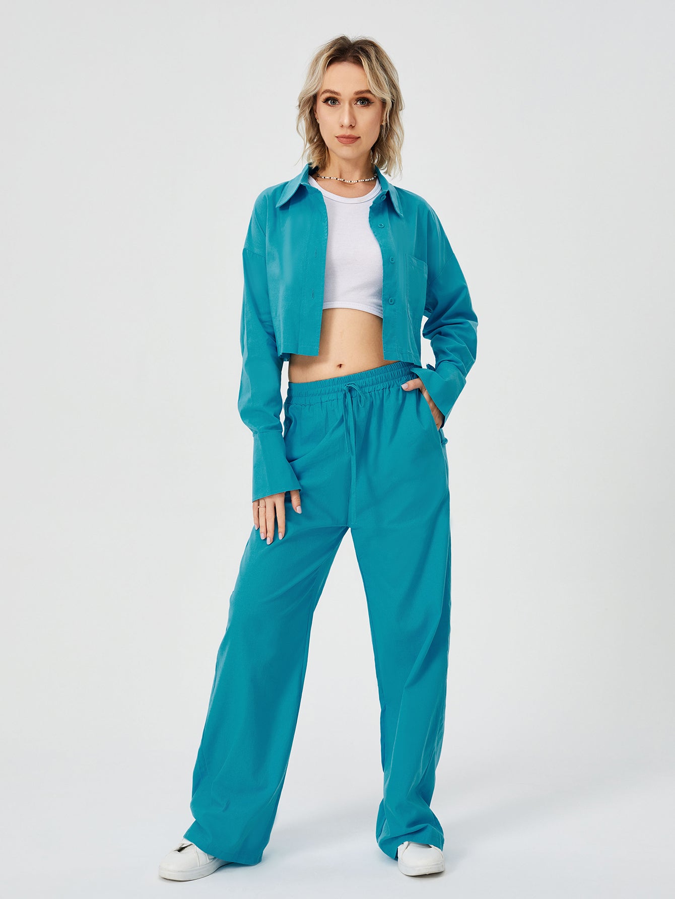 Women Two Piece Outfits For Women Long Sleeve Button Down Wide Leg Loungewear Pajama Set GlamzLife