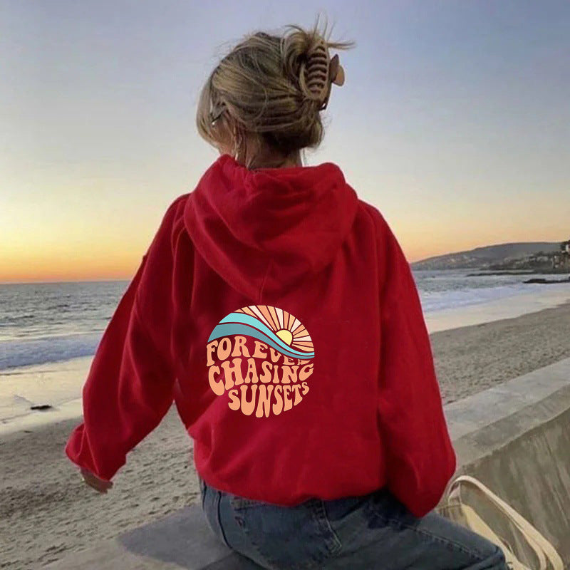 Fleece-lined Sunset Print Kangaroo Pocket Drawstring Hoodie GlamzLife