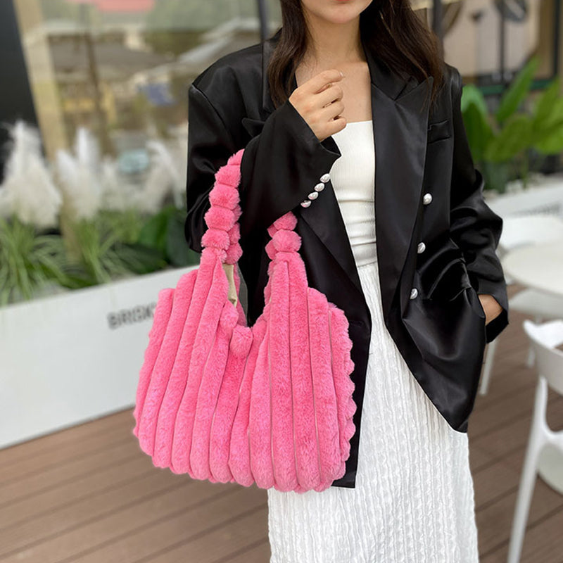 Striped Design Plush Bag Winter Fashion Shoulder Armpit Bags Large Capacity Furry Handbags Portable Cute Shopping Tote Bag GlamzLife