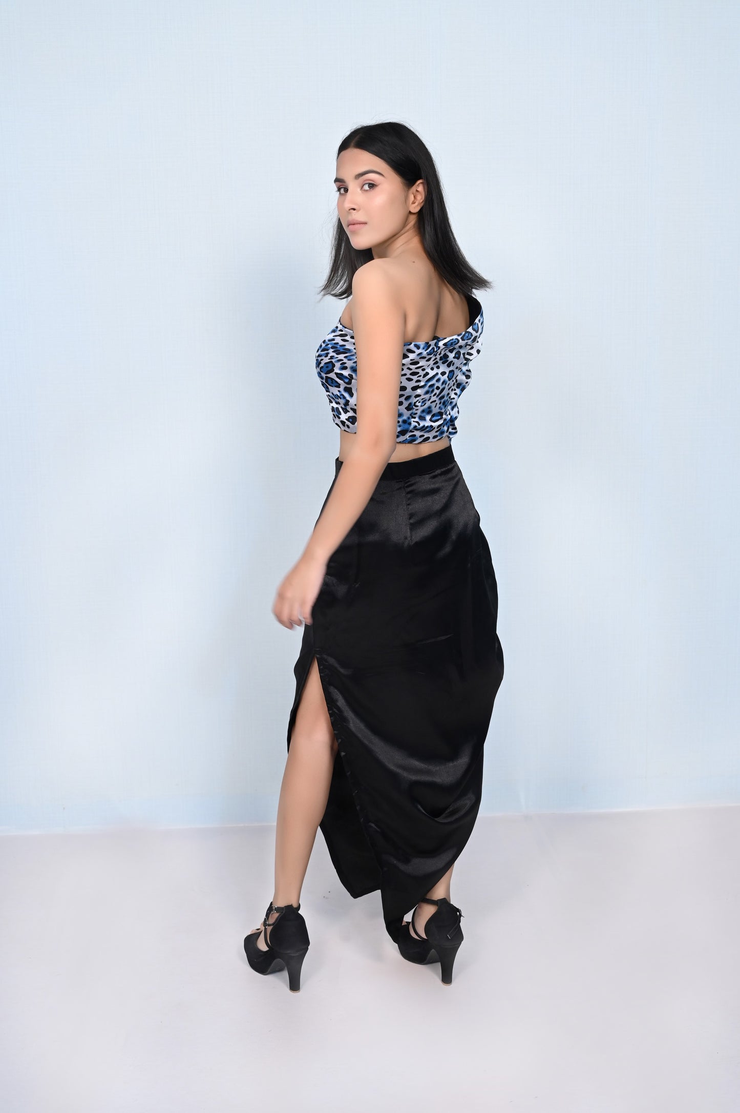 One Shoulder Leopard Print Crop Top With Gathered Skirt | GlamzLife
