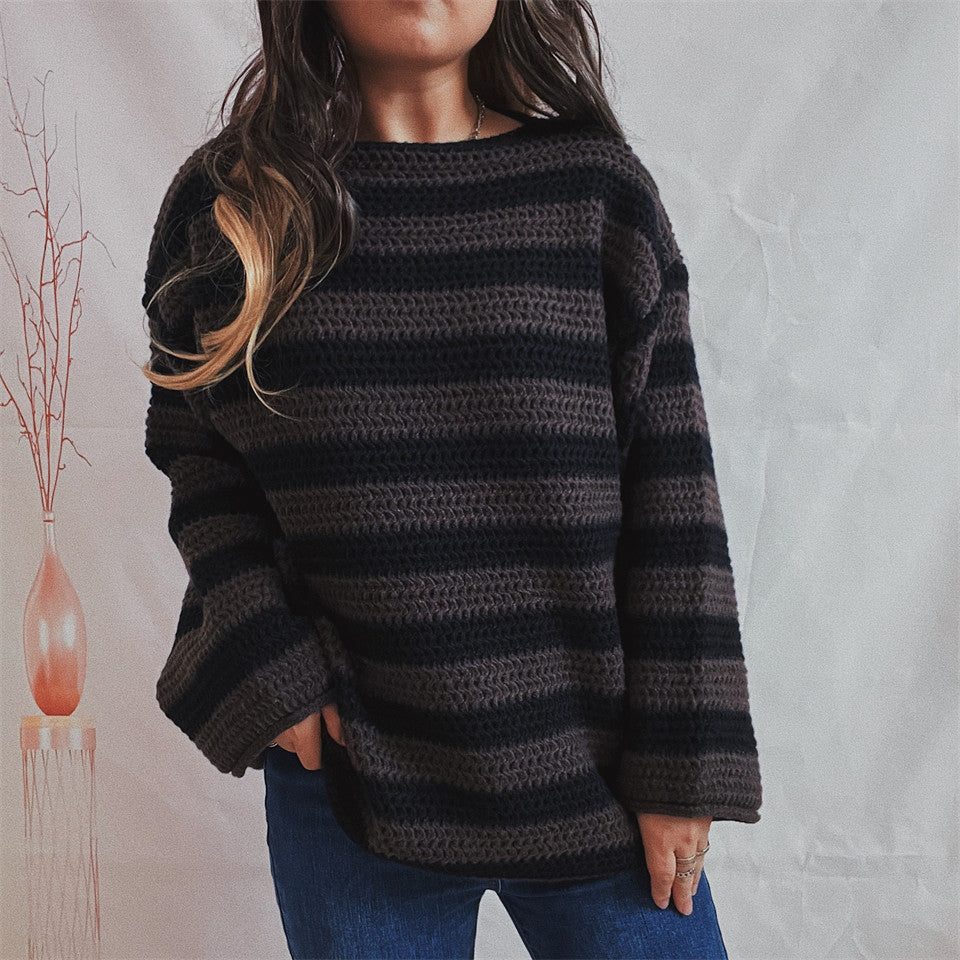 Women's Loose Off Shoulder Striped Long-sleeved Sweater GlamzLife