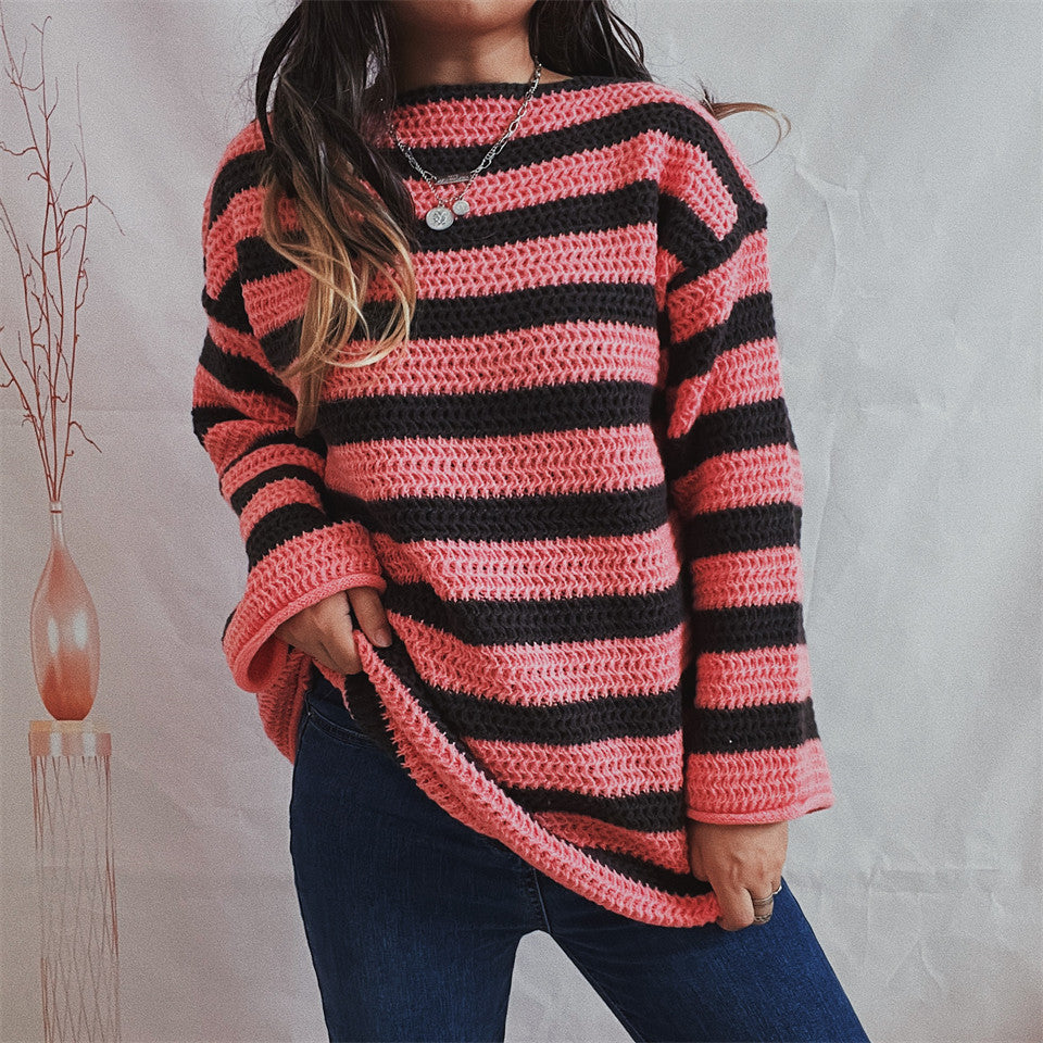 Women's Loose Off Shoulder Striped Long-sleeved Sweater GlamzLife