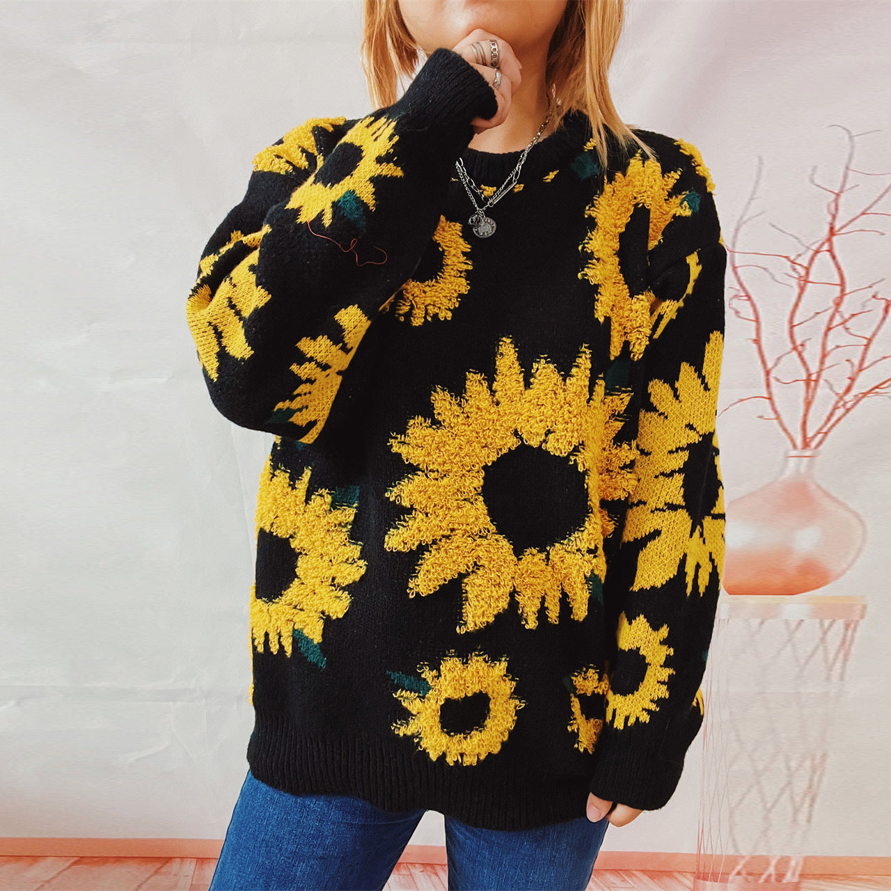 Women's Fashion Casual Sunflower Jacquard Round Neck Long Sleeve Sweater GlamzLife