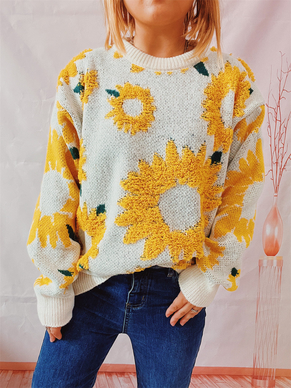 Women's Fashion Casual Sunflower Jacquard Round Neck Long Sleeve Sweater GlamzLife