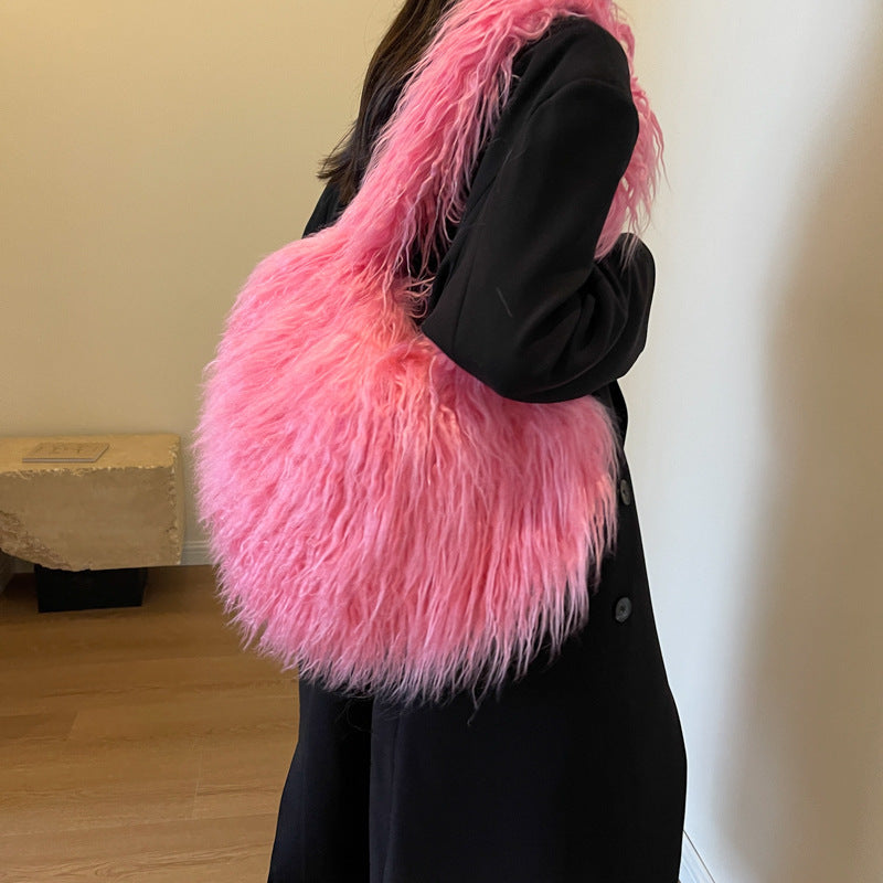Plush Armpit Shoulder Bags Winter Large Capacity Personalized Heart Bag Women's Luxury Handbags High Quality Valentine's Day Gift GlamzLife