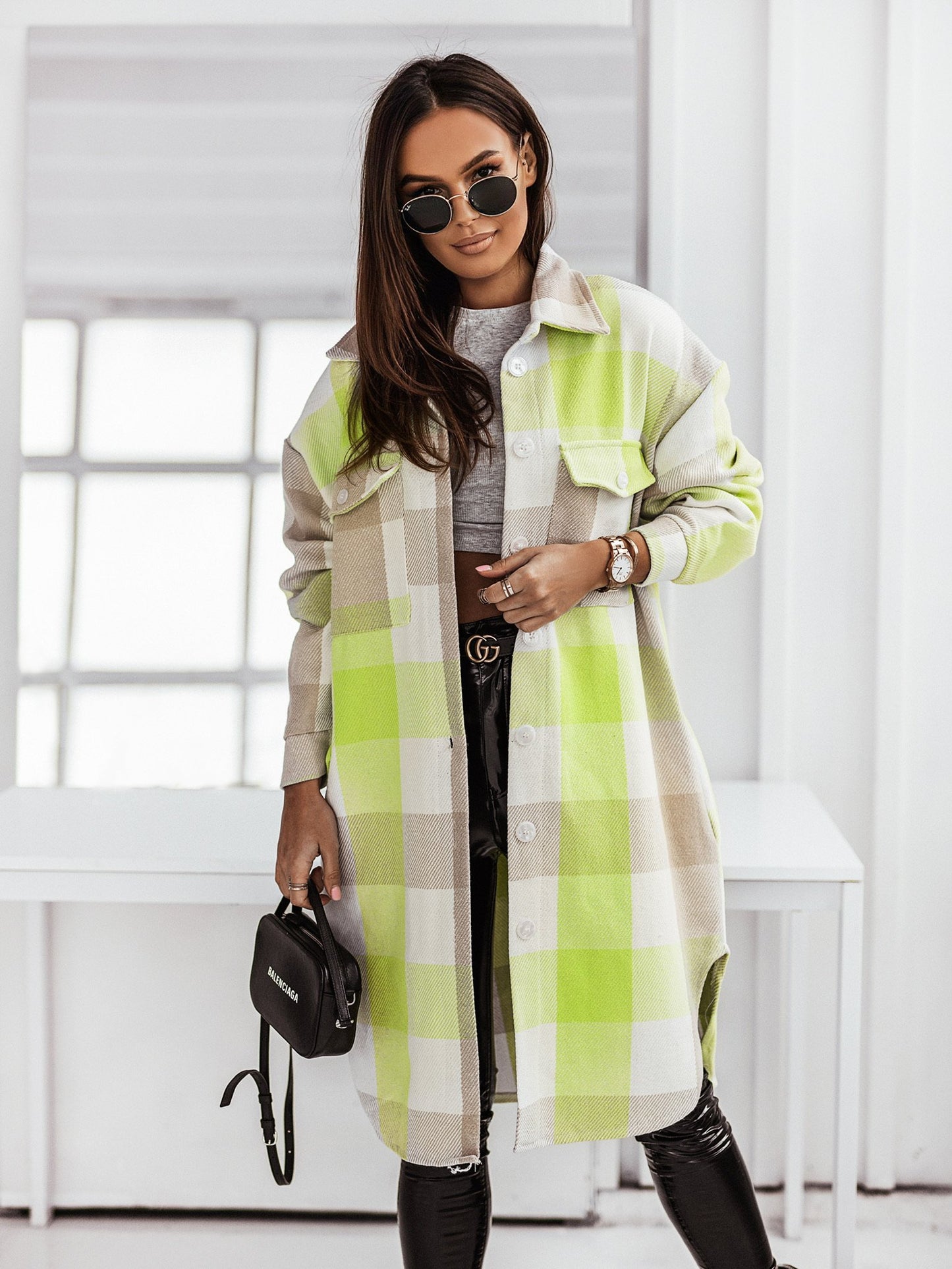Women's Fashion Long Sleeve Color Plaid Brushed Woolen Long Coat GlamzLife
