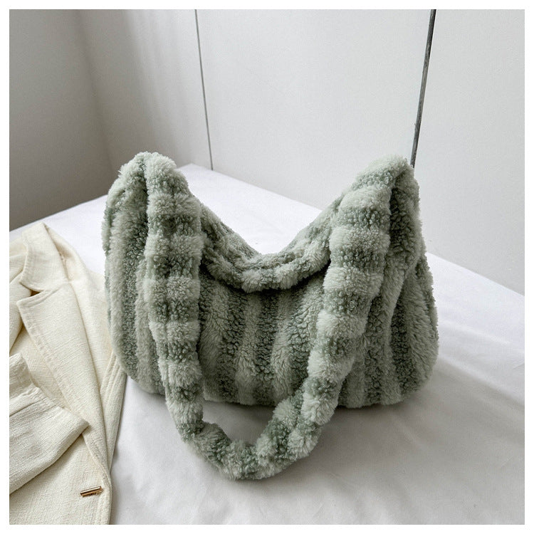 Large-capacity Striped Plush Bag Winter New Fashion Portable Tote Shoulder Bags Shopping Furry Handbags For Women GlamzLife