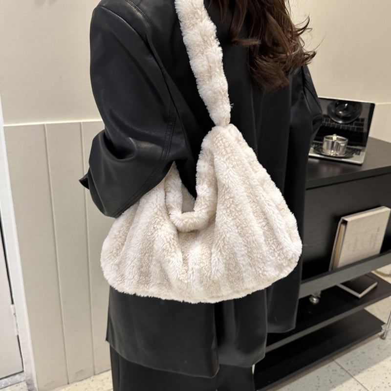 Large-capacity Striped Plush Bag Winter New Fashion Portable Tote Shoulder Bags Shopping Furry Handbags For Women GlamzLife
