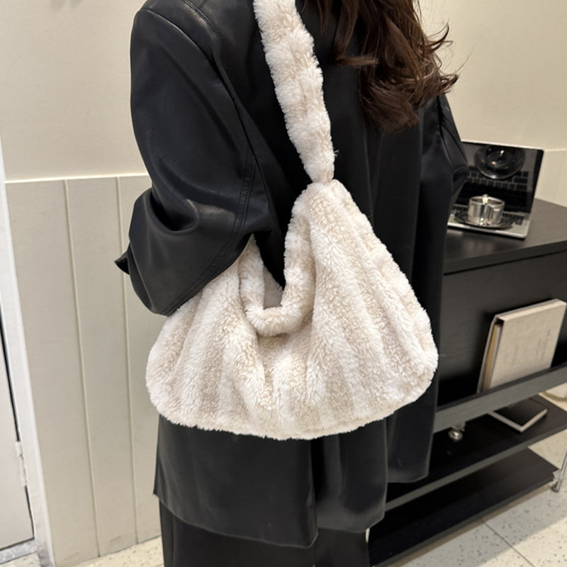 Large-capacity Striped Plush Bag Winter New Fashion Portable Tote Shoulder Bags Shopping Furry Handbags For Women | GlamzLife