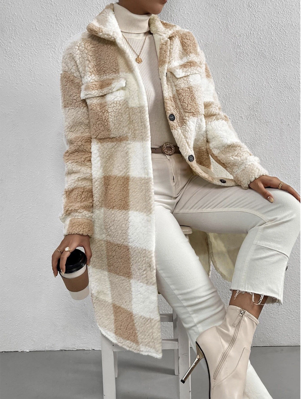 Button Lapel Plush Plaid Coat Loose GlamzLife