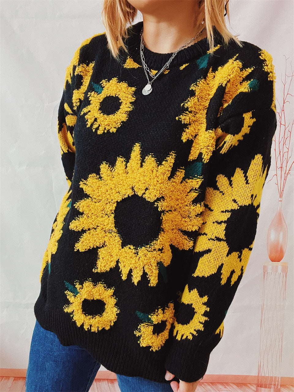 Women's Fashion Casual Sunflower Jacquard Round Neck Long Sleeve Sweater GlamzLife