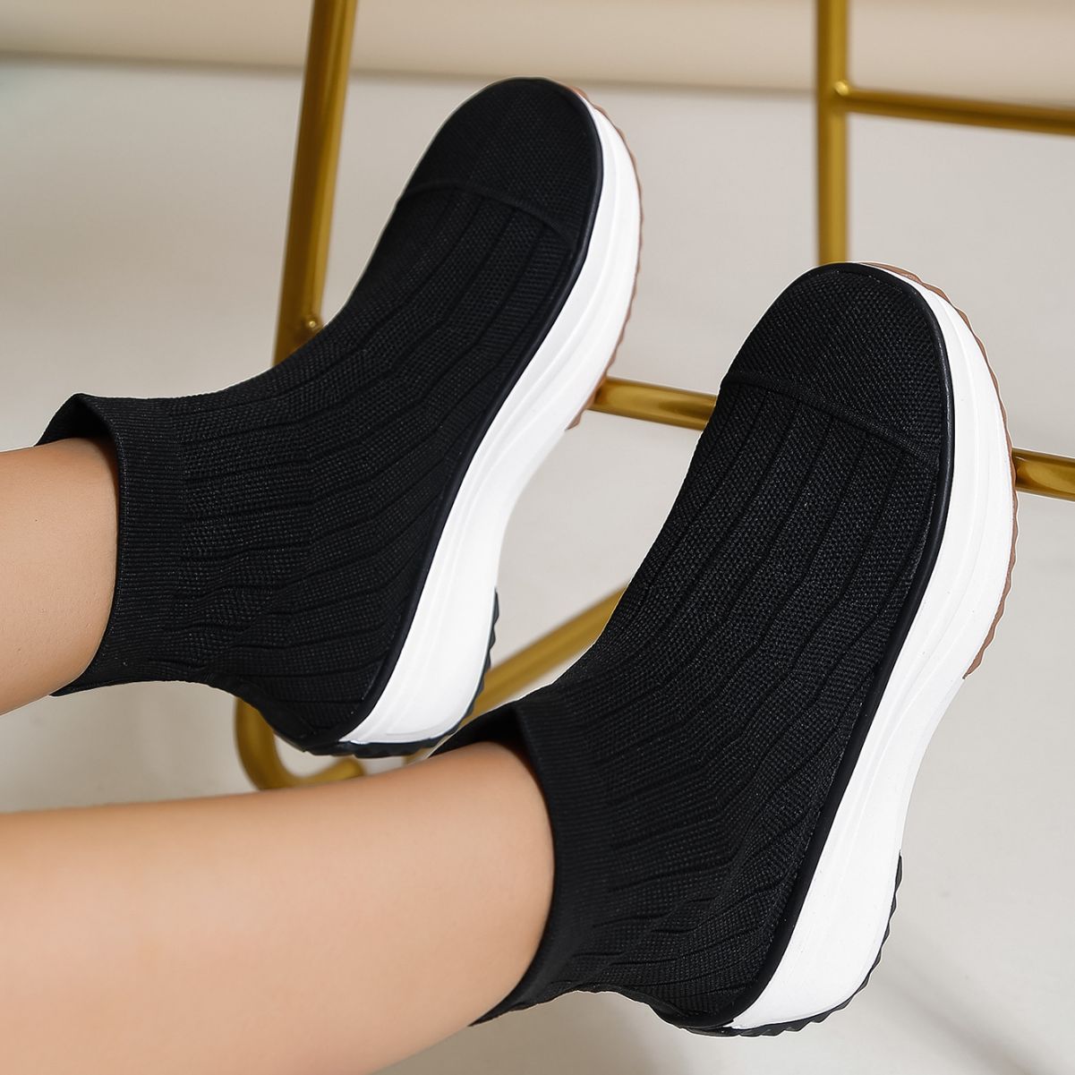 Women's Thick-soled Boots Knitted Round Toe Socks Shoes Casual Breathable Solid Color Flying Knit Ankle Boots GlamzLife