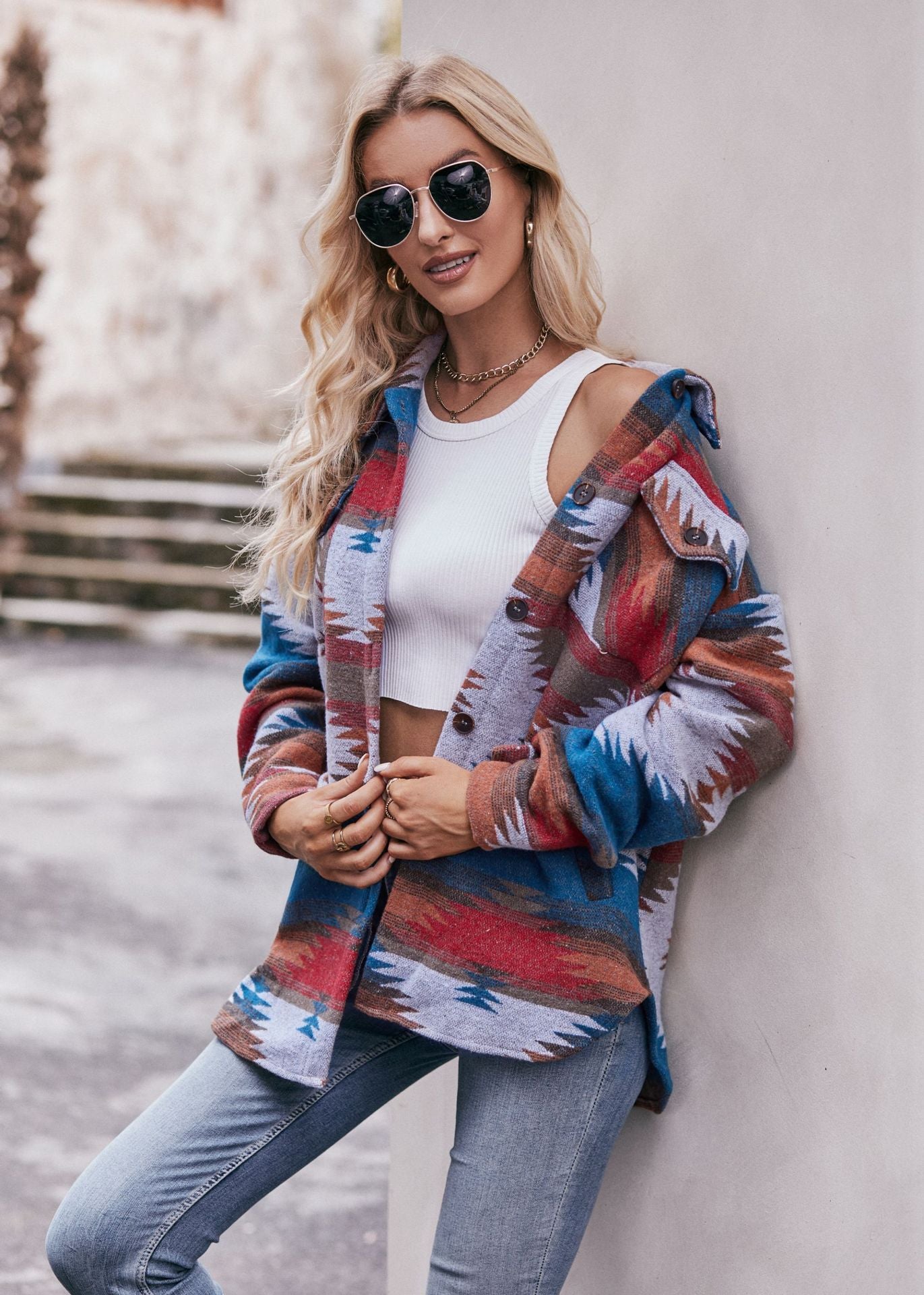 Geometric Print Jacket Shirt Winter Stand Collar Coats With Pockets Women's Outwear GlamzLife