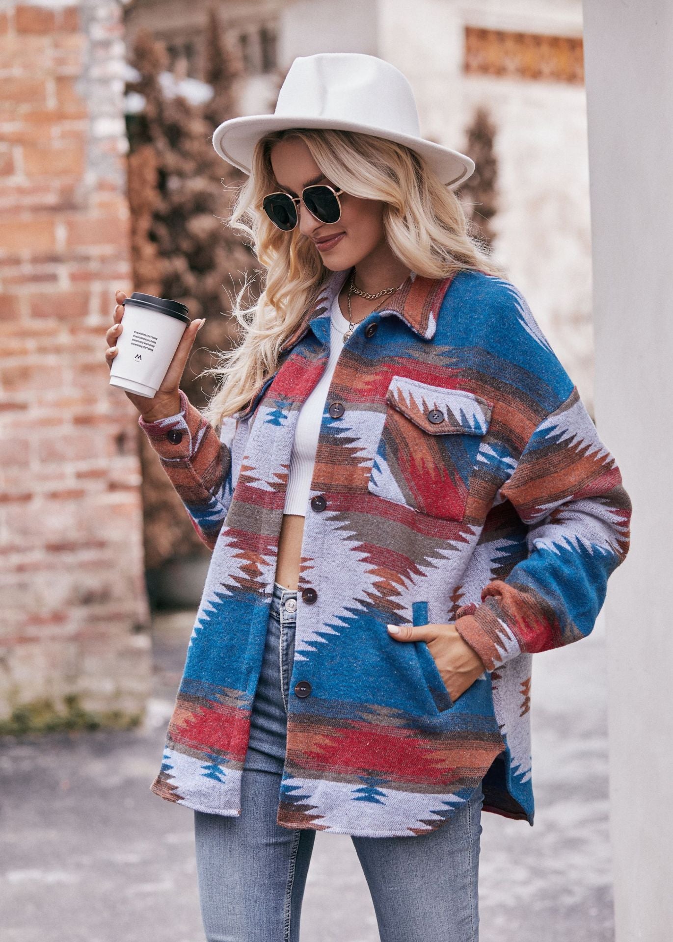 Geometric Print Jacket Shirt Winter Stand Collar Coats With Pockets Women's Outwear GlamzLife