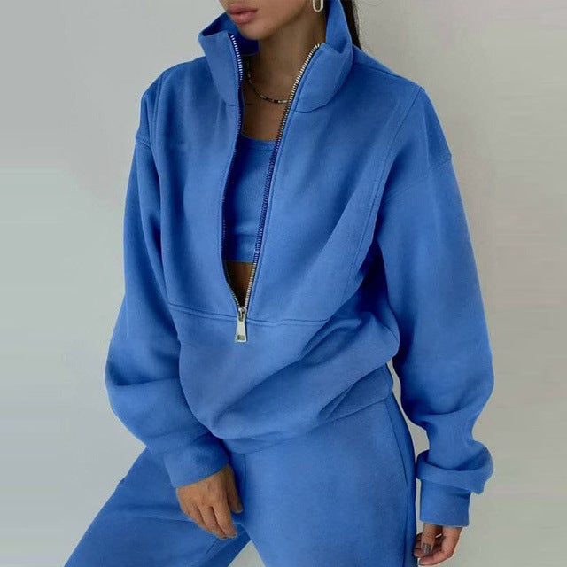 Stand Collar Suit Zip Up Crop Sportswear Long Sleeve Sweatshirt And Trousers For Spring Fall Women's Clothing GlamzLife
