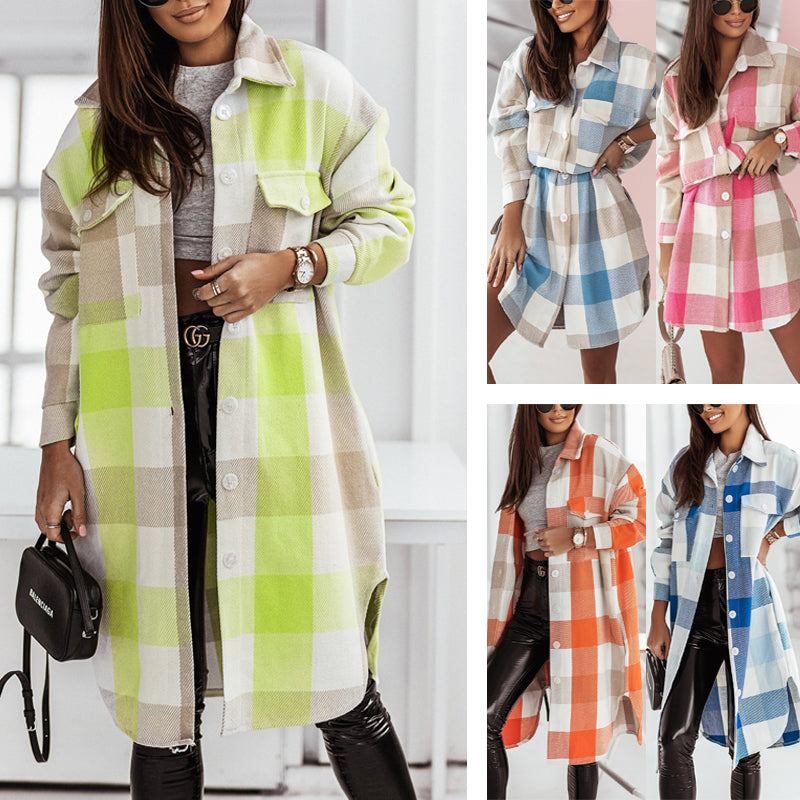Women's Fashion Long Sleeve Color Plaid Brushed Woolen Long Coat GlamzLife