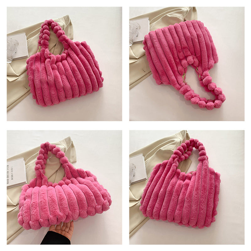 Striped Design Plush Bag Winter Fashion Shoulder Armpit Bags Large Capacity Furry Handbags Portable Cute Shopping Tote Bag GlamzLife