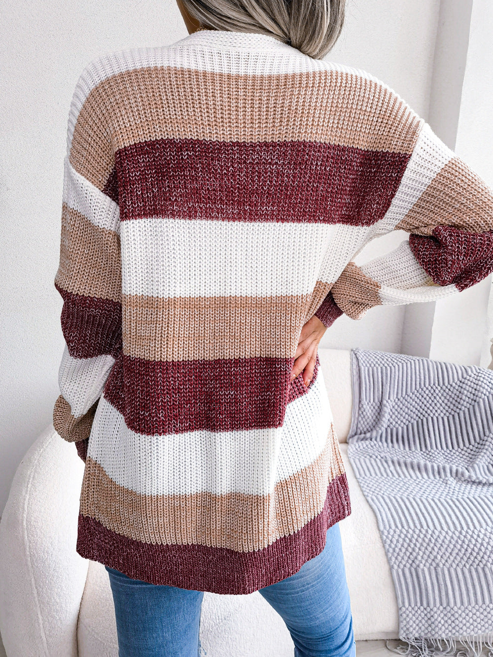Plaid Sweater Women Casual Lantern Sleeves Cardigan Jacket Outerwear Clothes GlamzLife