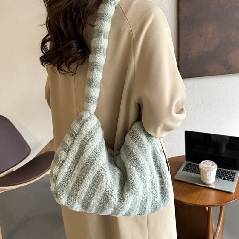 Large-capacity Striped Plush Bag Winter New Fashion Portable Tote Shoulder Bags Shopping Furry Handbags For Women GlamzLife