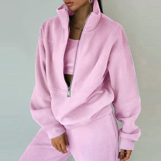 Stand Collar Suit Zip Up Crop Sportswear Long Sleeve Sweatshirt And Trousers For Spring Fall Women's Clothing GlamzLife