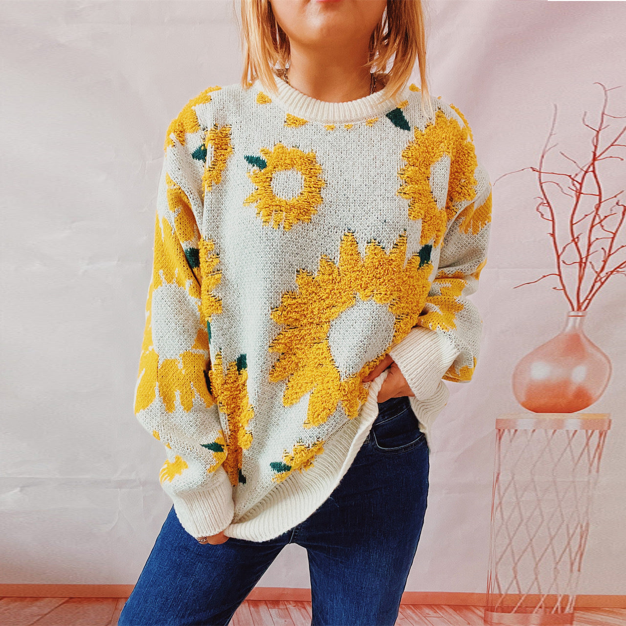 Women's Fashion Casual Sunflower Jacquard Round Neck Long Sleeve Sweater GlamzLife