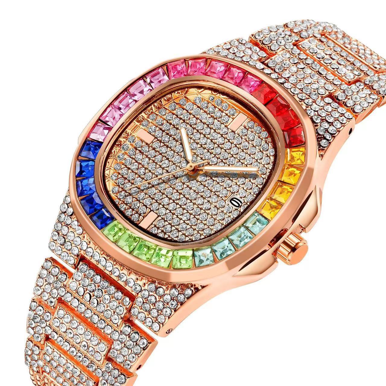 Full Diamond Inlaid Color Diamond Steel Belt Square Belt Calendar Quartz Wrist Watch GlamzLife