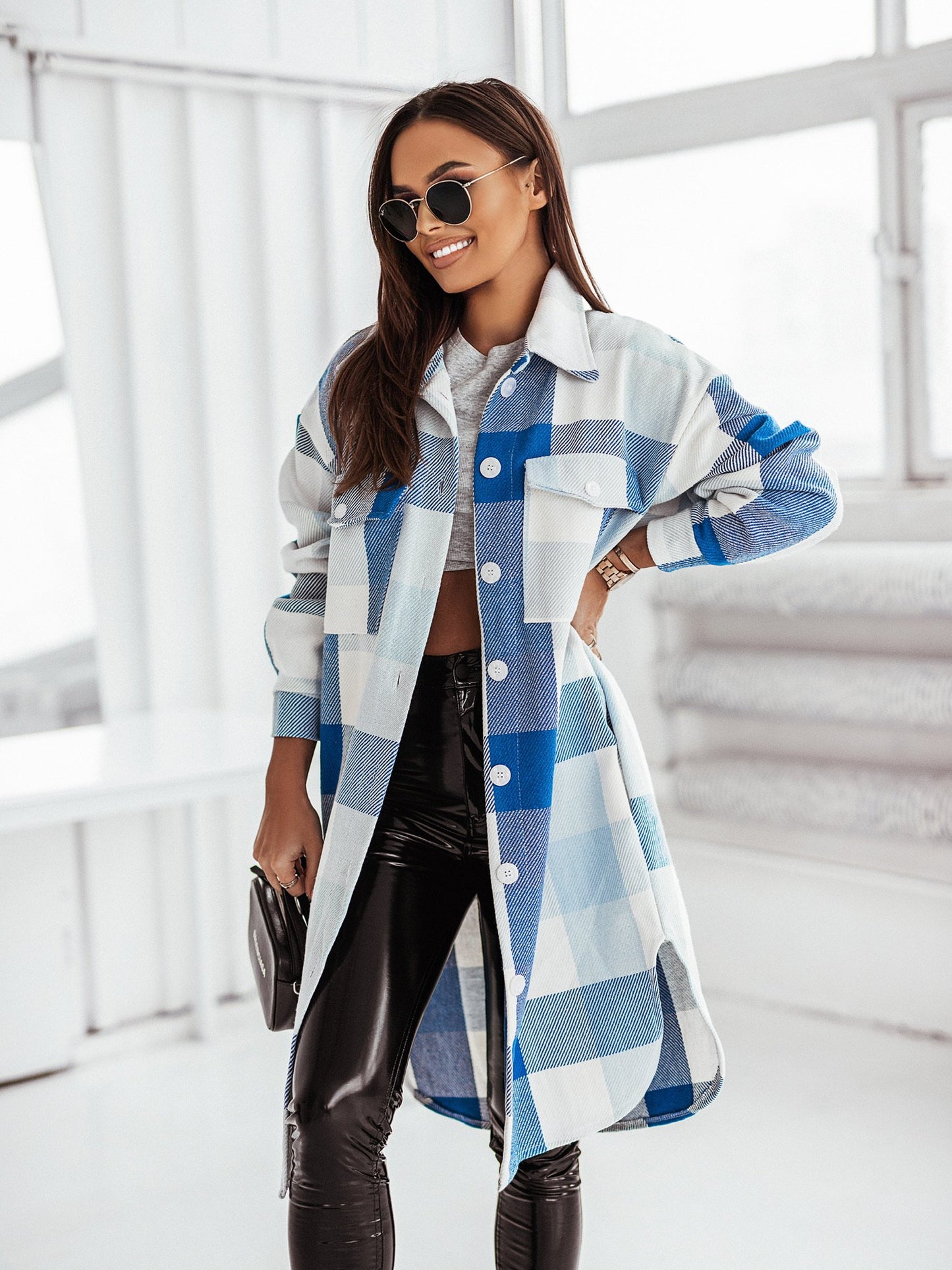 Women's Fashion Long Sleeve Color Plaid Brushed Woolen Long Coat GlamzLife