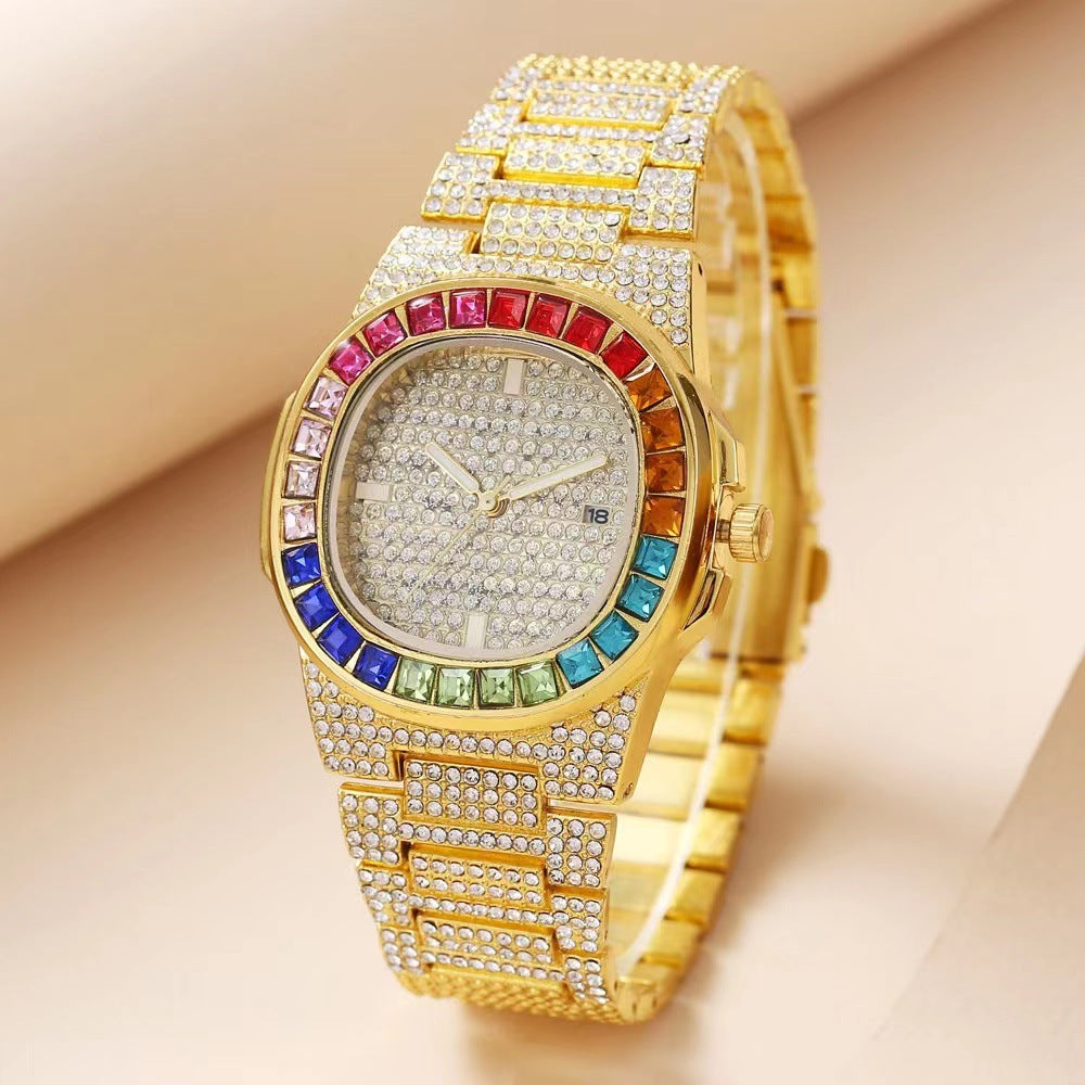 Full Diamond Inlaid Color Diamond Steel Belt Square Belt Calendar Quartz Wrist Watch GlamzLife