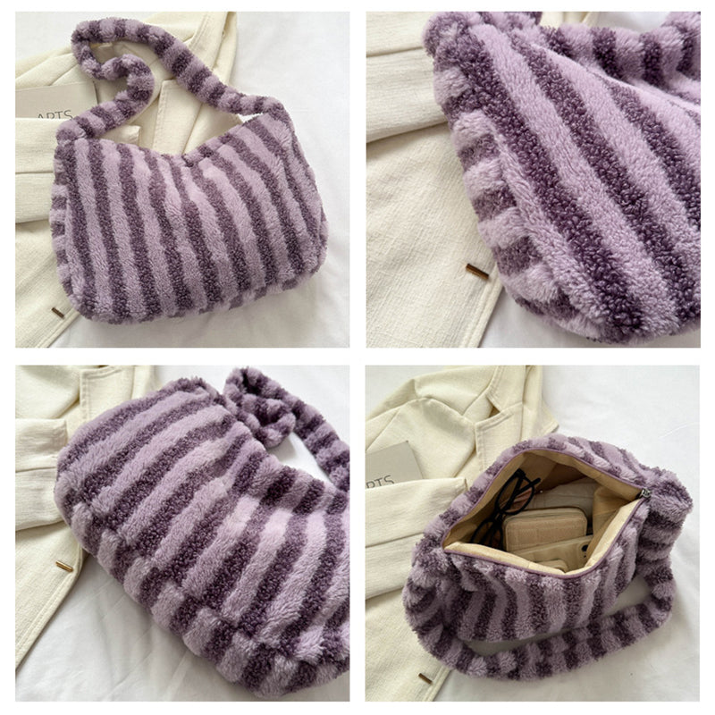 Large-capacity Striped Plush Bag Winter New Fashion Portable Tote Shoulder Bags Shopping Furry Handbags For Women GlamzLife