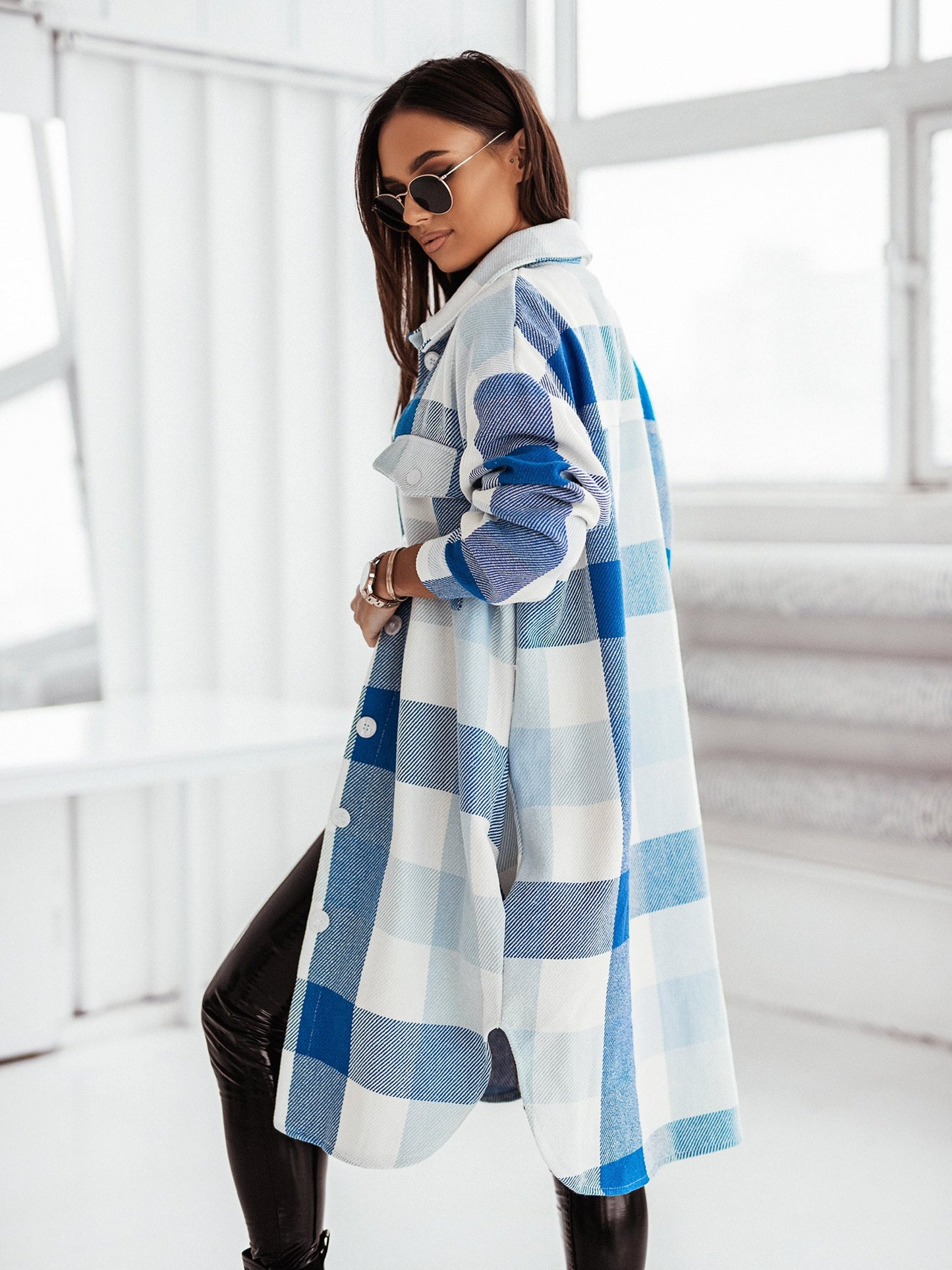 Women's Fashion Long Sleeve Color Plaid Brushed Woolen Long Coat GlamzLife