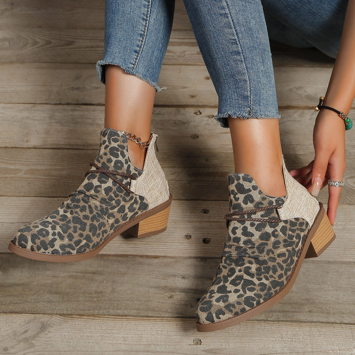 Women's Retro Boots Fashion Leopard Print Shoes Pointed Toe Square Heel Ankle Boots GlamzLife