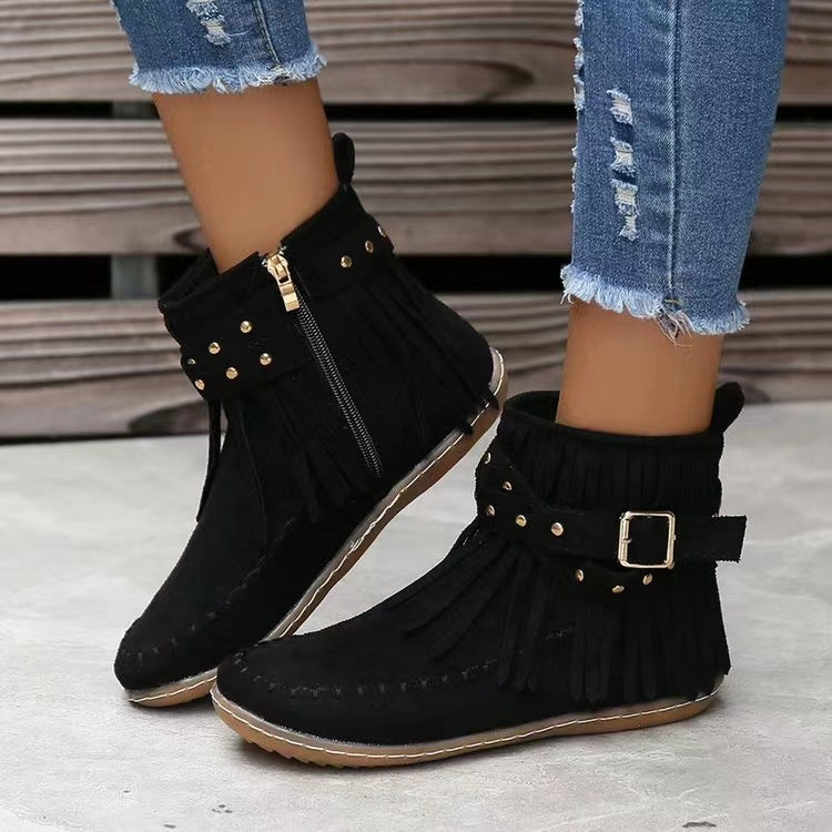 Retro Ankle Boots With Rivet Tassel Flat Shoes Women Winter Boots GlamzLife