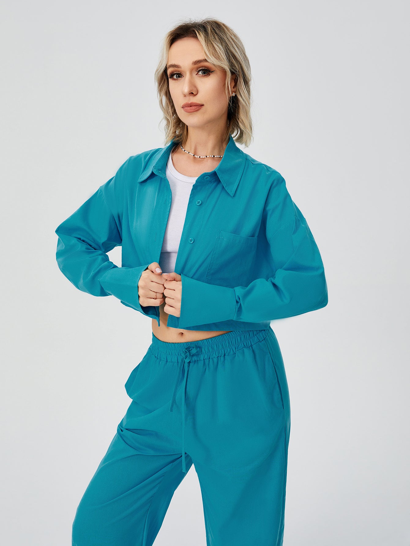 Women Two Piece Outfits For Women Long Sleeve Button Down Wide Leg Loungewear Pajama Set GlamzLife
