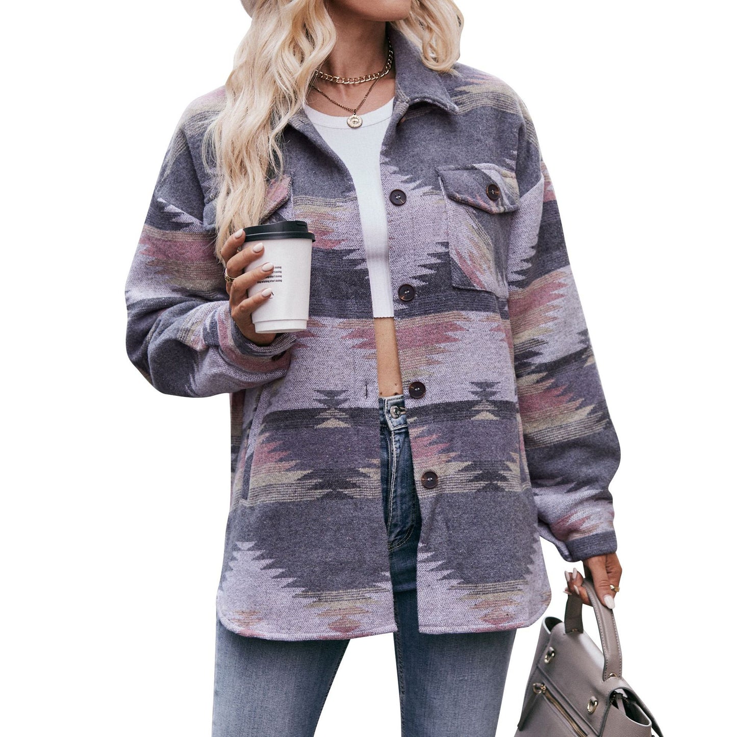 Geometric Print Jacket Shirt Winter Stand Collar Coats With Pockets Women's Outwear GlamzLife