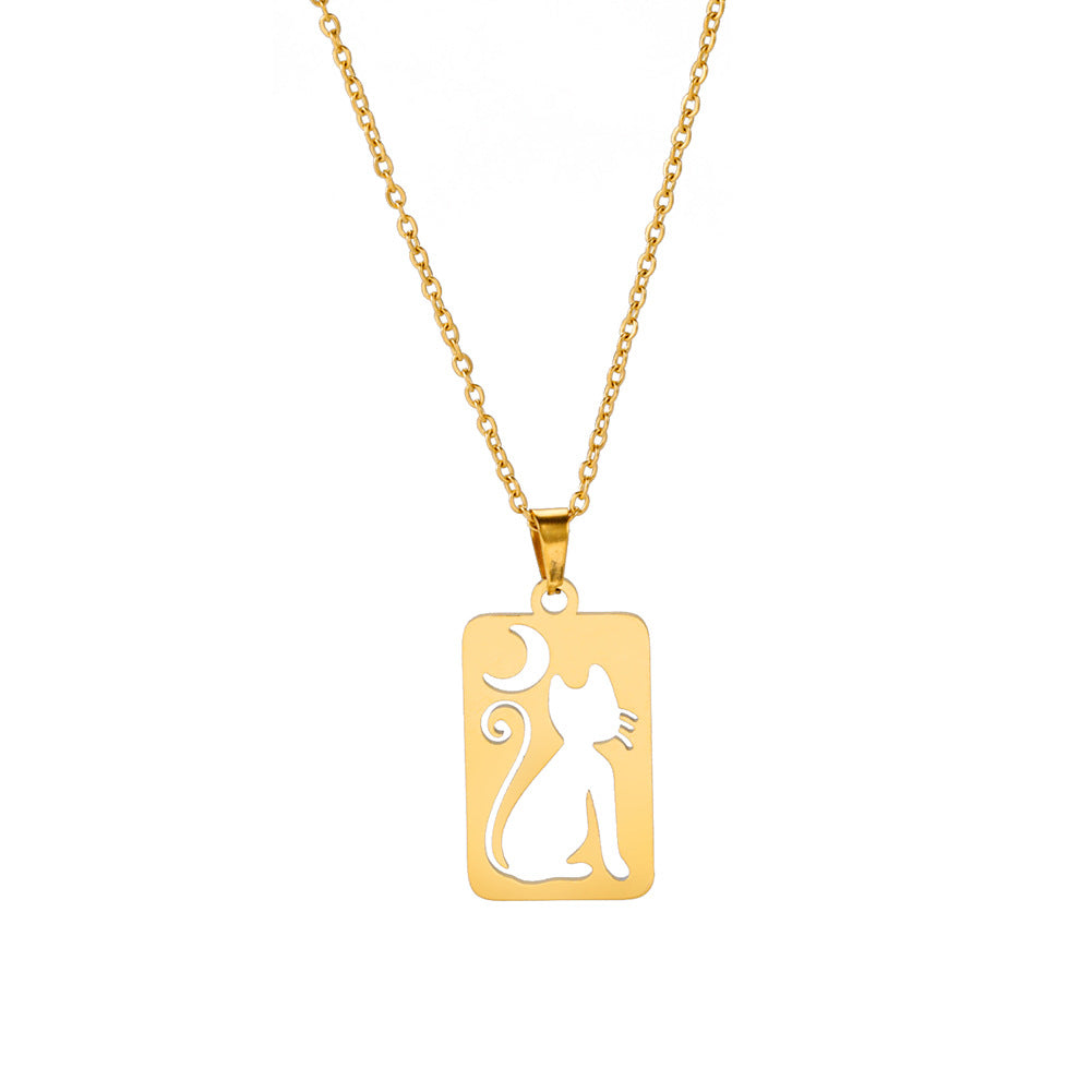 Titanium Steel Square Hollow Cat Crescent Pendant Necklace | GlamzLife