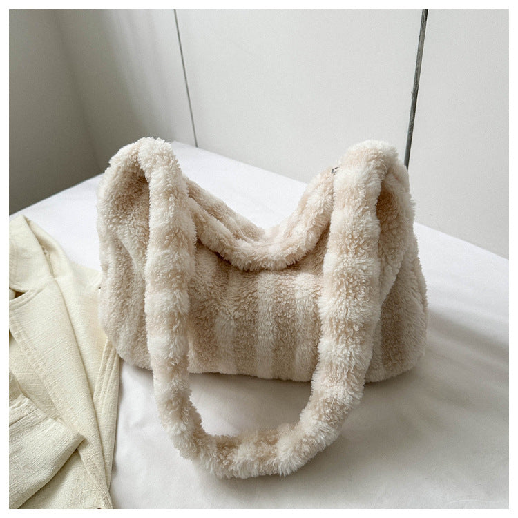 Large-capacity Striped Plush Bag Winter New Fashion Portable Tote Shoulder Bags Shopping Furry Handbags For Women GlamzLife