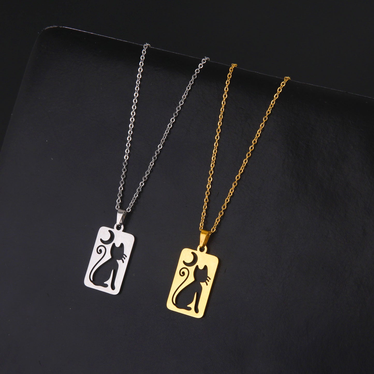 Titanium Steel Square Hollow Cat Crescent Pendant Necklace GlamzLife